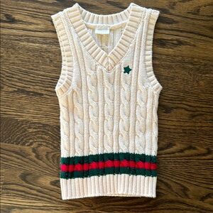 Cream Cable Knit Vest with Green and Red Stripes